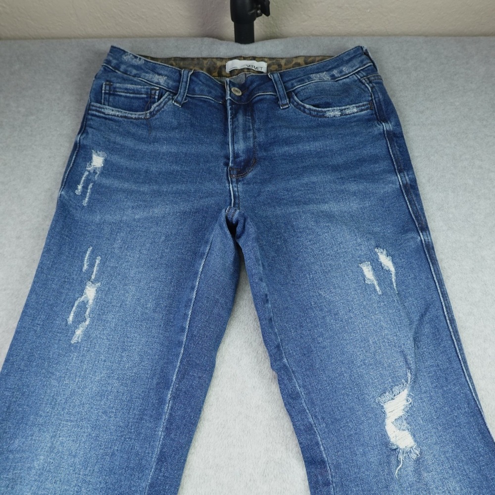 Vervet Jeans Womens 29 Blue Distressed Flare Denim Leopard Trim Gusset - Picture 3 of 13